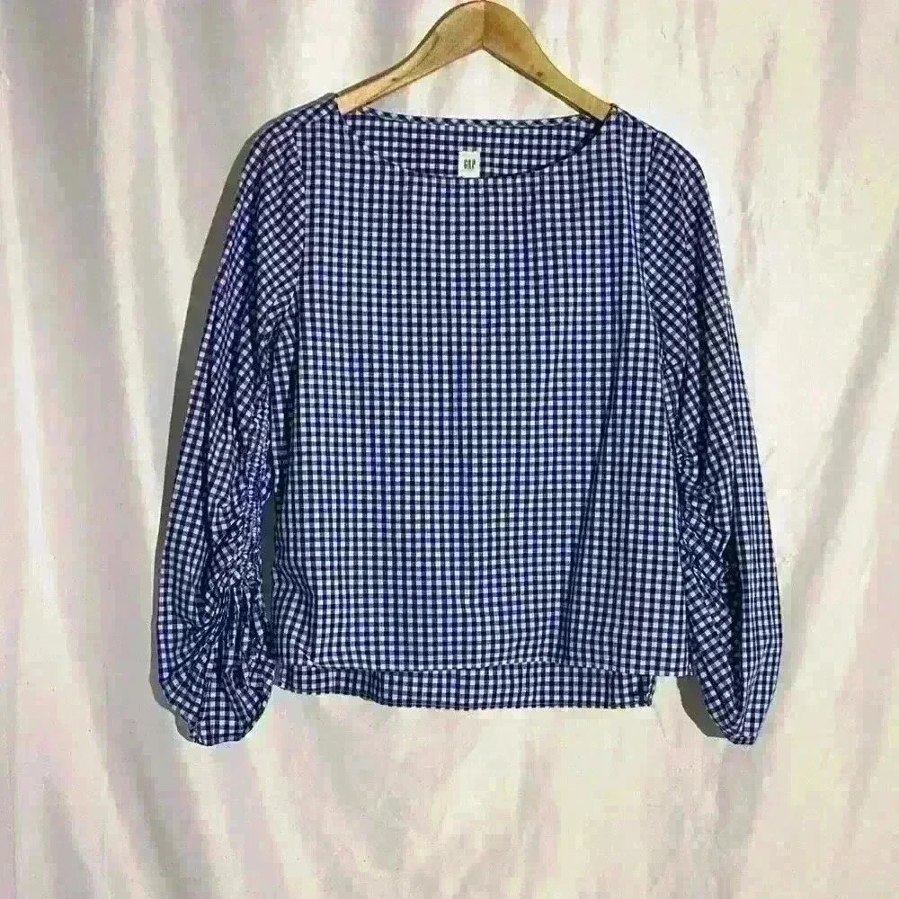 Gap Blue Gingham Plaid Top Ruched Shirted Sleeves Square Neck Small